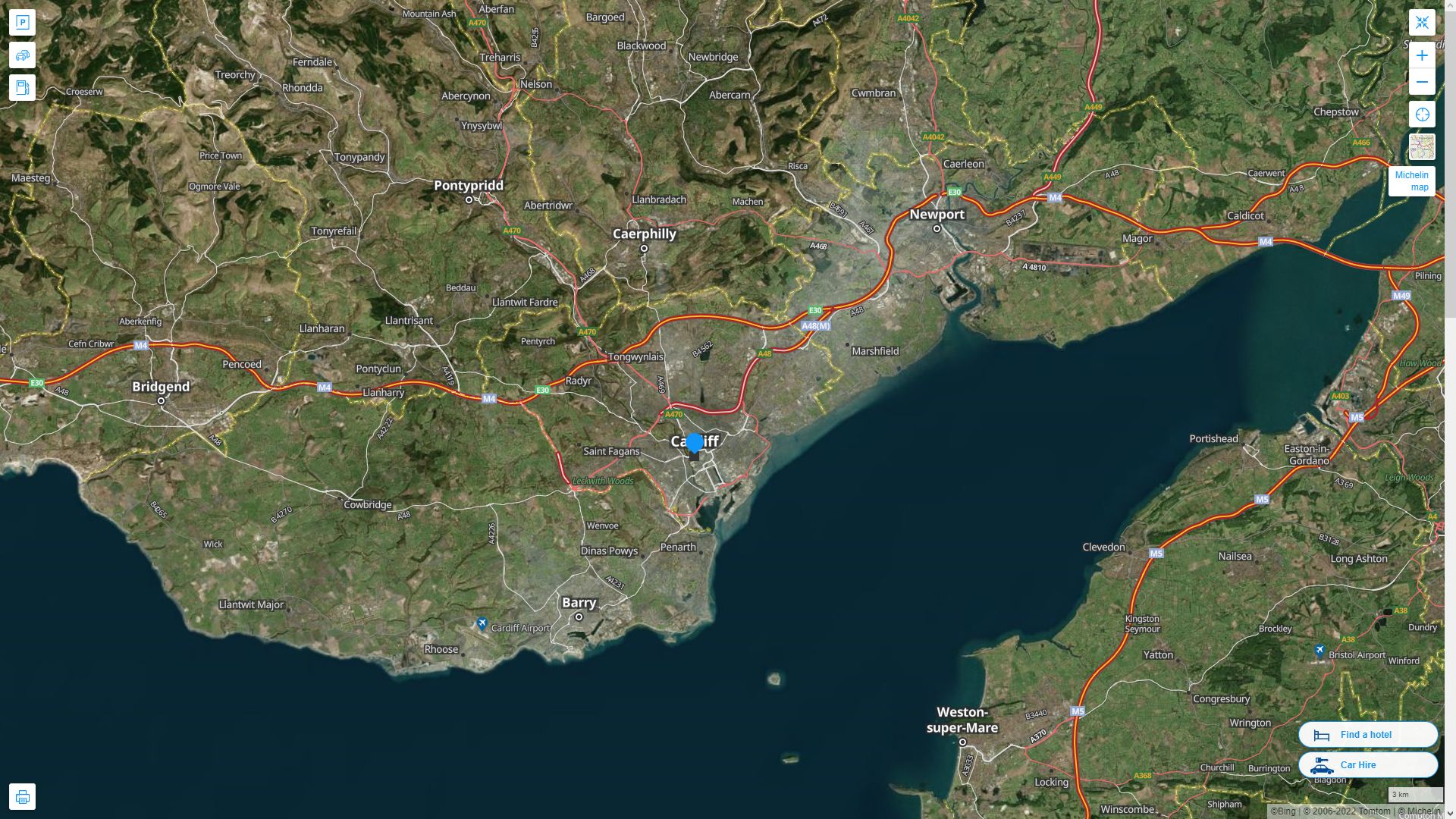 Cardiff Royaume Uni Autoroute et carte routiere avec vue satellite